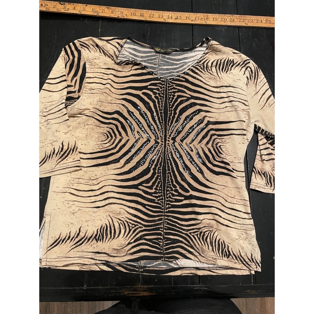 Valentina Zebra Print V-Neck Top Rhinestone Accents Tan Black 3/4 Sleeve Womens